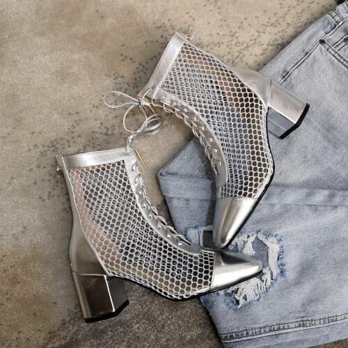 Silver Chunky Heel Hollow Ankle Bootie Lace Up New Arrivals Breathable Woman Short Boots Summer Spring Fall Dress Bootie