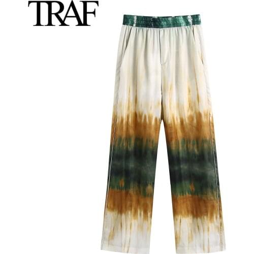 Traf Women Clothing 2021 Spring Autumn Vintage Streetwear Wide Leg Elastic High Waist Pants Chic French Tie Dyed Print Trousers