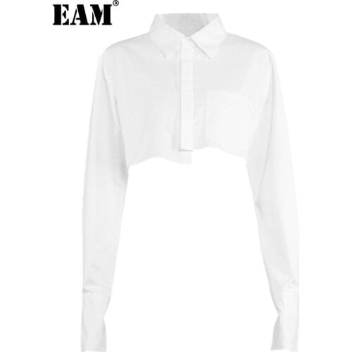 [EAM] Women White Burr Irregular Short Blouse New Lapel Long Sleeve Loose Fit Shirt Fashion Tide Spring Autumn 2021 1DD5212