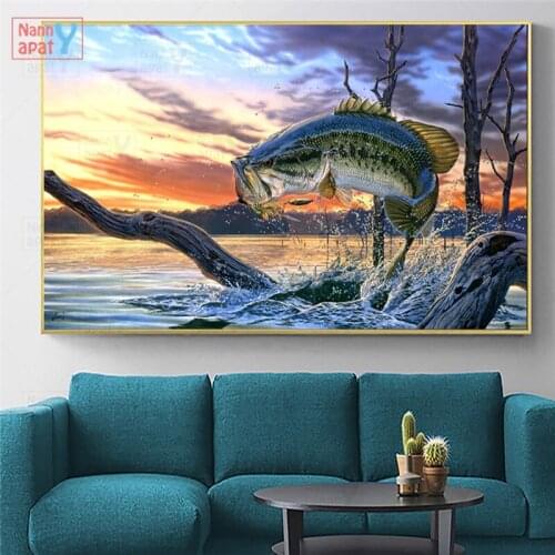 Lake Animal Printed Picture Jumping Largemouth Bass Fish Canvas Oil Painting Wall Art Poster and Prints Modern Home Decoration