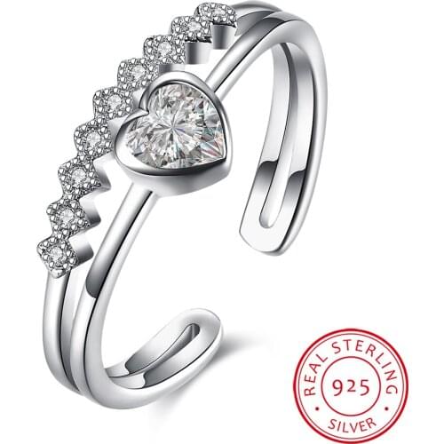 Korean Style 925 Sterling Silver Open Rings Double Layer Heart Cubic Zirconia Rings Wedding Engagement Jewelry Free Size