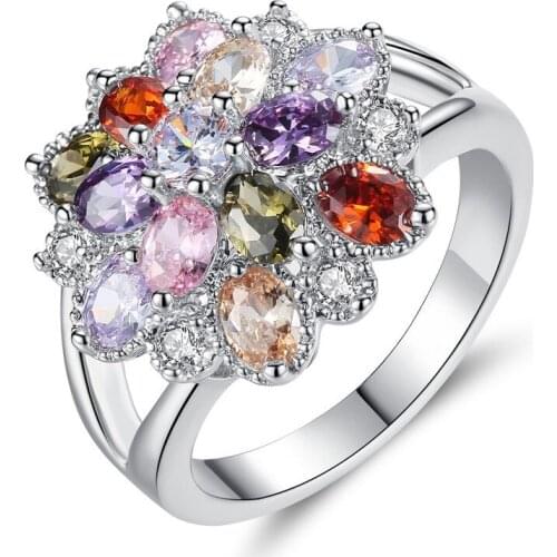 Creativity Vintage Rainbow Ice Flowers Lady Ring Colorful Crystal Stone Ring Women Metal Ring Party Jewelry Valentines Day Gift