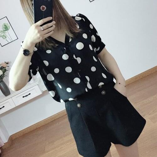 Summer Women 100% Silk Black Blouse v neck short sleeve office wear casual natural silk Polka Dot print real silk shirt tops