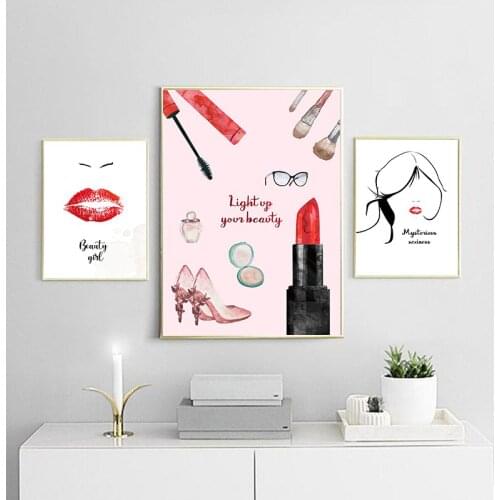 Fashion Wall Art Painting Emakeups Lipstick Foundation High Heels Abstract Canvas Poster Print Trendy Picture Beauty Room Decor
