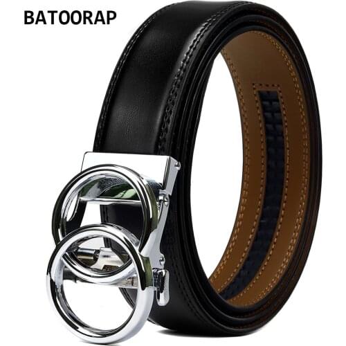 BATOORAP Design Mens Leather Belt Automatic Buckle Silver Double Circle Fashion Style Black Cowhide Male Trouser Straps WL-E024