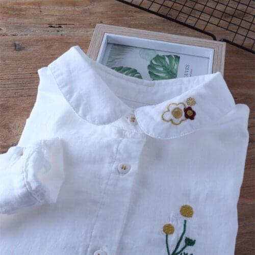 Spring new Japanese Peter Pan collar literary small fresh embroidered white shirt cotton blouses womens bottoming shirt tide