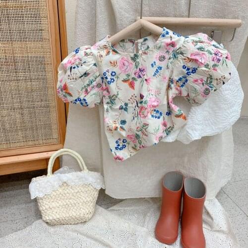 New Summer Floral Printed Baby Girls Blouses Puff Sleeve Toddlers Kids Pullovers Tops Korean Style Children Shirts