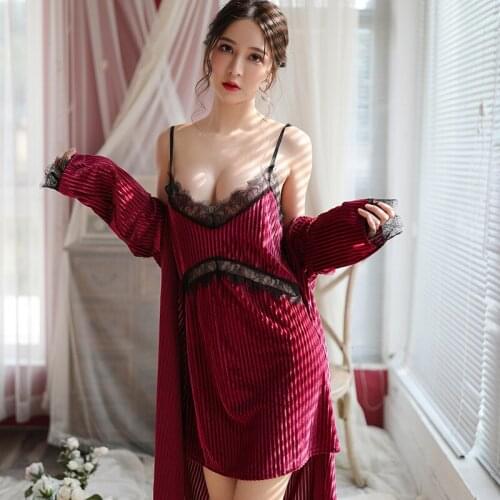 Sexy Gold Velvet Nightdress Nightgown Wireless Rimless Pajamas Lace Nightdress Silk Underwear Women Sleep Wear pyjama femme
