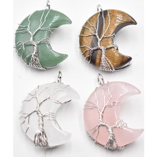 Natural Crystal Pendant Tree Of Life Moon Shape Reiki Polished Mineral Jewelry Healing Stone For Men Women Jewelry Gift 4pcs/lot