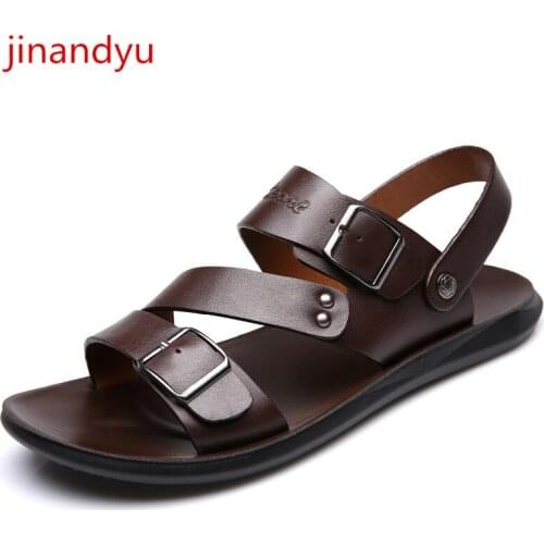 New Casual Fashion Men Shoes Slip-On Genuine Cow Leather Soft Non-slip Beach Summer Sandals Slippers Flats Flip Flop Black