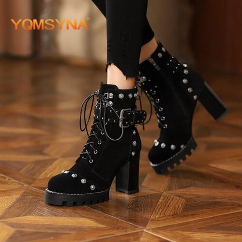YQMSYNA Fashion Women Boots Patent Leather Round Toe Square Heel Waterproof Platform Boots Punk Rivet Lace-up Buckle Shoes AS320
