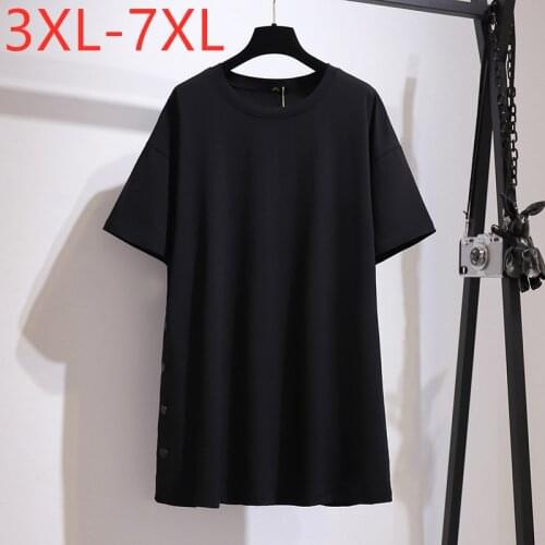 New Ladies Summer Plus Size Tops For Women Large Short Sleeve Loose Cotton Black Button O-neck Long T-shirt 3XL 4XL 5XL 6XL 7XL