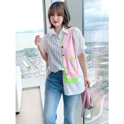 High quality Contrast color stripe splicing unilateral women summer new knitted collar shirt