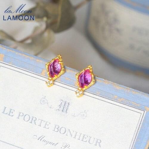 LAMOON Vingate Princess Earring For Women 925 Sterling Silver Stud Earring Synthetic Corundum 14K Gold Plated Fine Jewelry EI123