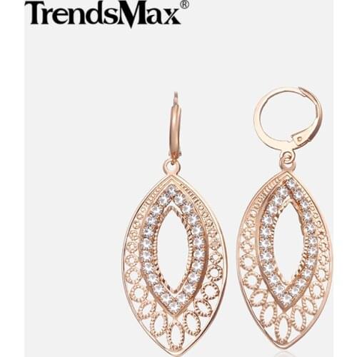 Leaf Shaped Dangling Earrings For Women Cubic Zircon 585 Rose Gold Drop Earrings Woman Hot Party Wedding Jewelry Gifts KGE196