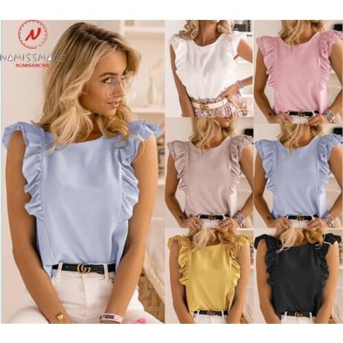 Elegant Women Summer Solid Color T-Shirts Hollow Out Design Bandage Ruffles Decor O-Neck Sleevelss Backless Slim Pullovers Top