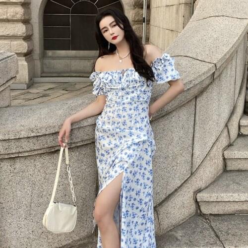 2021 Floral Print Sweet Dress Square Neck Puff Sleeve Side Spilt Drawstring Maxi Dresses for Women Chic Party Casual Outfits G3O