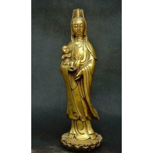 9" China Buddhism Temple Bronze Gilt Guan yin Avalokitesvara Boddhisattva Statue