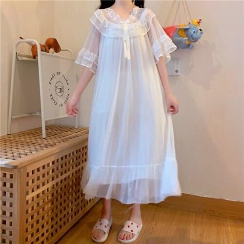 White Long Sleepwear Lolita Nighty Lace Sexy Women Nightgowns Vintage Homewear Suit Elegant Ladies Japanese Ruffles Lingerie
