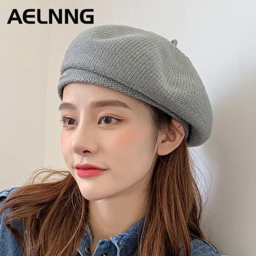 AELNNG Brand Womens Plush Beret Winter Warm Solid Color Casual Women Beanie Hat Cap Vintage Plain Berets A859
