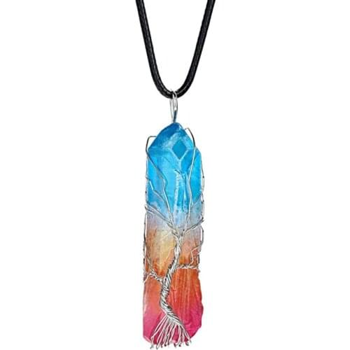 FYJS Unique Silver Plated Wire Wrap Irregular Shape Crystal Dyed Many Colors Pendant Rope Chain Necklace Ethnic Jewelry