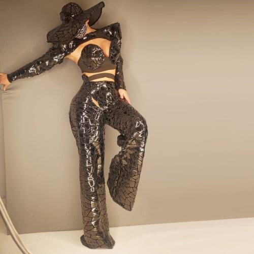Designer Black Sequin Party Club Costumes Women Sexy Bra Hollow Out Pants Hats Stage Outfit Sets Dancer Singer Performance Wear