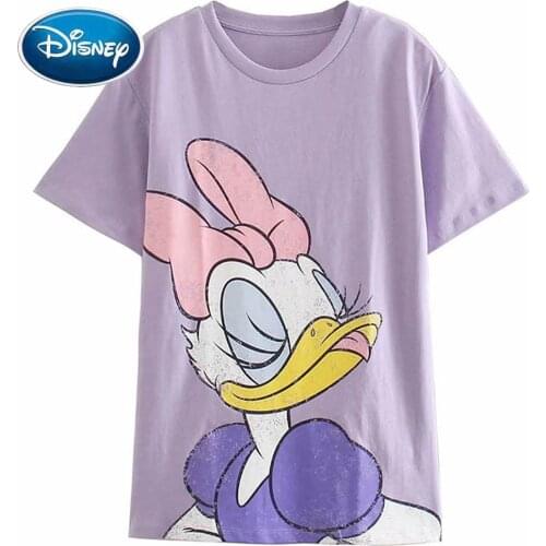 Disney Chic Fashion Daisy Duck Cartoon Print T-Shirt Women Harajuku Short Sleeve Female Casual O-Neck Purple Tee Tops Streetwear