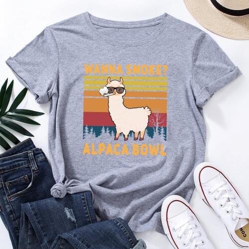 Wanna Smoke Alpaca Bowl Animal Lover T-Shirt Funny Shirts for Women Female Graphic Tee Short Sleeve Summer Shirts Llama Tops