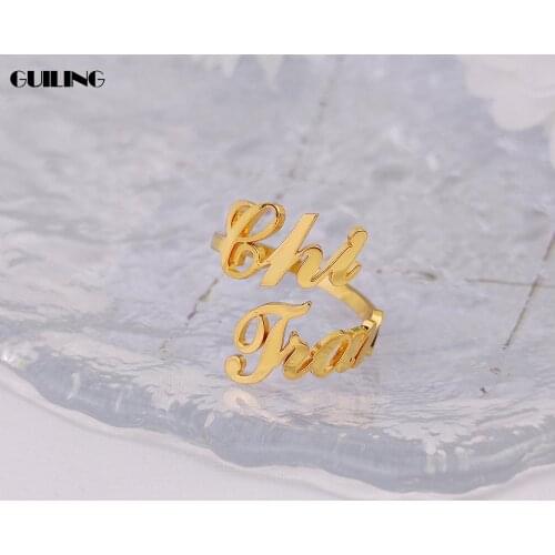 Dainty Custom Two Name Ring Stainless Steel Personalized Double Layer Women Stackable Ring Couple Wedding Tiny Ring Gift Jewelry