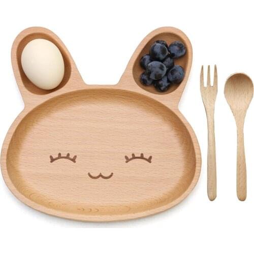 3pcs Cute Rabbit Face Wood Dinner Plate Fork Spoon Set Kids Cartoon Food Fruit Dish Tray Child Baby Serving Table Kitchen Plates