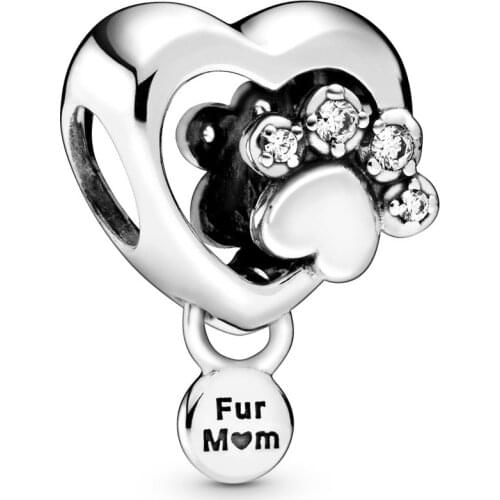 Original Sparkling Dog Paw Print & Heart With Fur Mum Pendant Beads Fit 925 Sterling Silver Charm Europe Bracelet Diy Jewelry