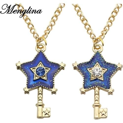 Fashion Gold Color Blue Enamel Star Key Necklaces & Pendants Crystal Cartoon Charm Pendant for Little Girls Gifts Women Choker
