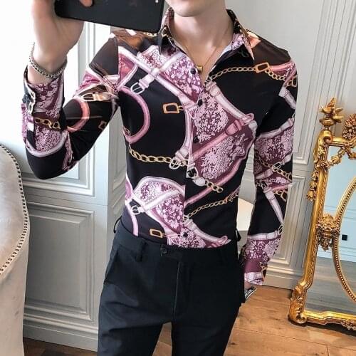 Gold Chain Mens Shirts Slim Fit Streetwear Brand Male Clothing Camisas Para Hombre Long Sleeve Casual Floral Party Dress Blouse