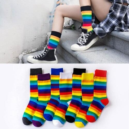 Rainbow Striped Socks Women Cotton Elastic Long Socks Autumn Winter Girls Casual Skateboard Socks
