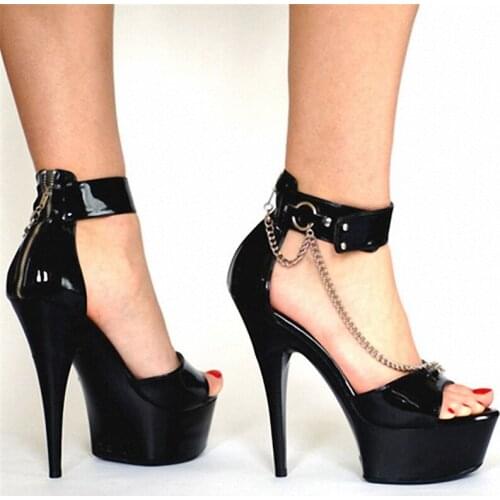 The latest sexy black, chain decoration, polyurethane 17cm high heels, pole dancing/dinner and dancing shoes