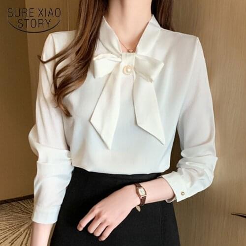 2020 Autumn New Bow Satin Long Sleeve Shirt Women Office Lady Solid Beading Women Blouse Plus Size Pullover Ladies Tops 10496