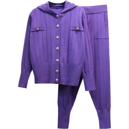 Autumn Hooded Knit Sweaters Set Female Casual Tracksuits 2pcs Single Breasted Tops Harem Pants Two Pieces Set Spring