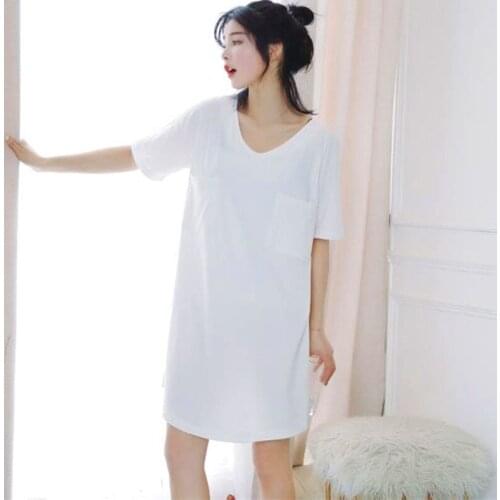Sexy sleepwear women new ladies v-neck cotton nightdress loose short sleeve summer night wear shirt womens nightgowns pocket