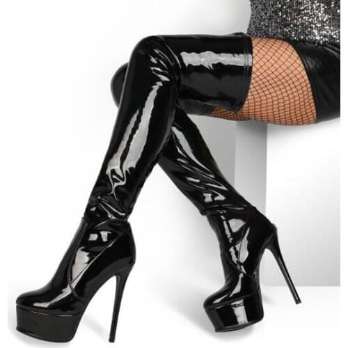 Sexy Black Burgundy Patent Leather Platform Over The Knee Boots Woman Fashion Round Toe Stiletto Heels Slip On Thigh Long Boots