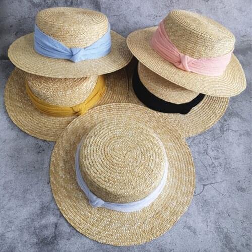 Women Wide Brim Boater Hats Ribbon Summer Beach Hat Natural Flat Top Straw Sun Hats Derby Dress Cap Fashion Chapeau Feminino Cap