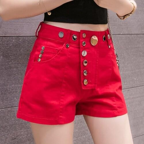 Irregular buttons red denim shorts female Korean elastic hot short trousers fashion summer 2020 new shorts for women