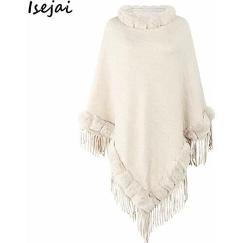 Fur Collar Knitted Capes & Ponchos Women Bat Sleeve Cape Shawl Autumn Winter Oversize Coat