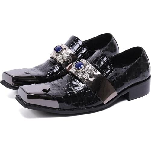 Party Leather Shoes for Men Large Size Fashion Metal Square Toe Casual Business Mens Shoes Male Wedding Banquet Formal Shoes