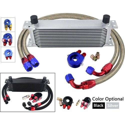 Universal 13 Rows Oil Cooler Kit + Oil Filter Sandwich Adapter + Nylon Stainless Steel Braided An10 Hose W/ Pqy Sticker+box