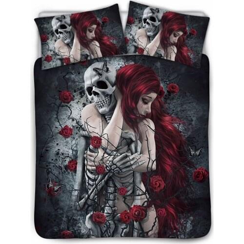 Upetstory Sugar Skull Bedding Set Queen Size Flower Skull Bed Linen Double Duvet Cover with Pillowcase King Size Skull Bedding