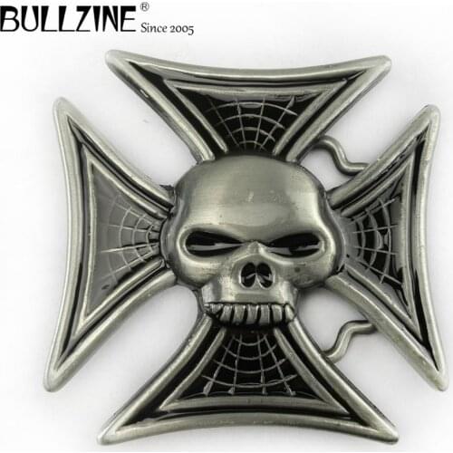 The Bullzine skull with cross belt buckle with pewter finish FP-02046-1 suitable for 4cm width snap on belt