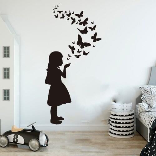 Cartoon Beauty Girl Blow Butterflies Bubble Wall Sticker Teen Room Nursery Funny Kid Play Animal Wall Decal Bathroom Vinyl Decor