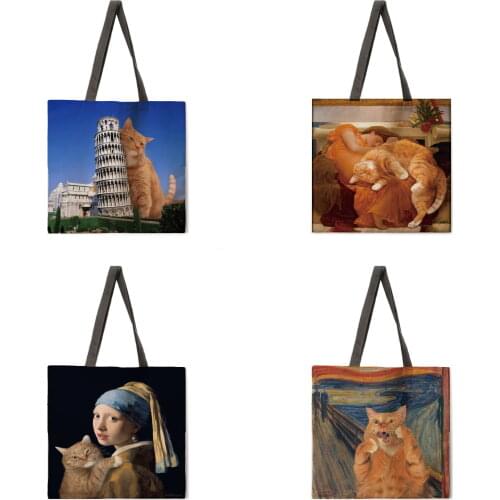 Art Fat Orange Cat Print Tote Bag Ladies Casual Tote Bag Ladies Shoulder Bag Foldable Shopping Bag Outdoor Beach Bag