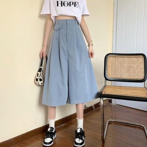 Women High Waist Wide Leg Pants New Arrival 2021 Summer Korean Style Solid Color Loose Ladies Calf-length Casual Pants W520
