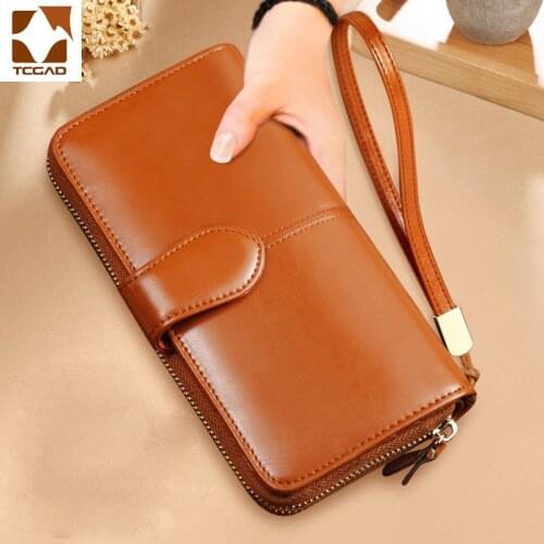 Womens wallet Top brand Wax oil skin material long purse zipper clutch bag wristlet hasp phone wallet womens wallets and purses